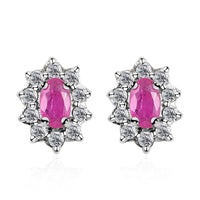 Premium Montepuez Ruby and White Zircon Floral Stud Earrings in Platinum Over Sterling Silver 1.00 ctw
