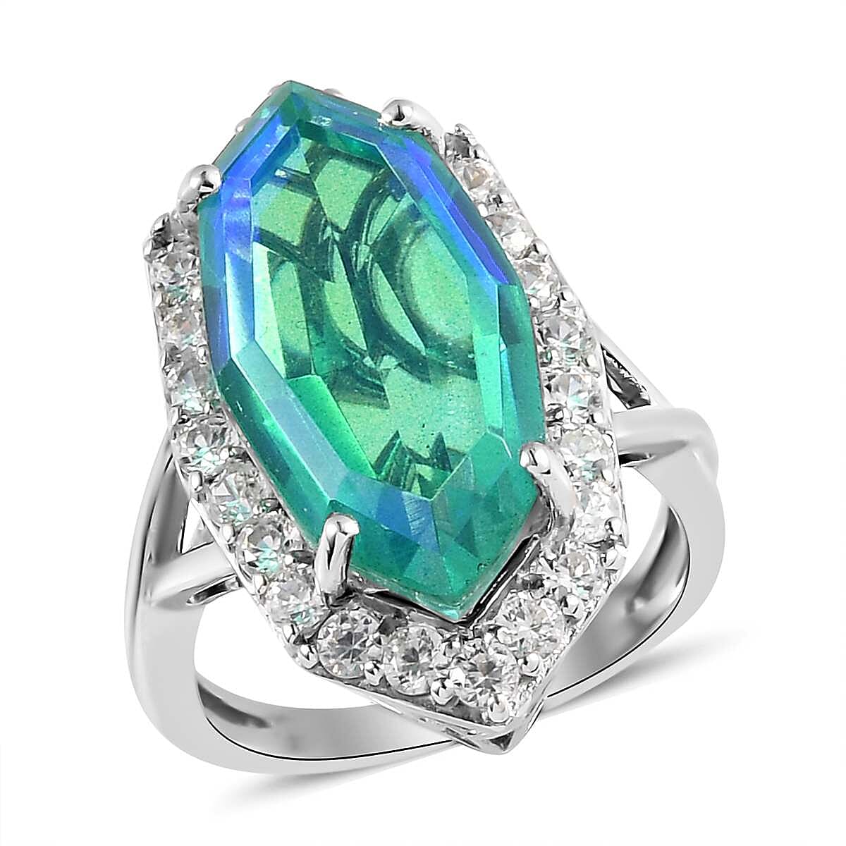 Peacock Quartz and Natural White Zircon Elongated Ring in Platinum Over Sterling Silver (Size 10.0) 11.40 ctw