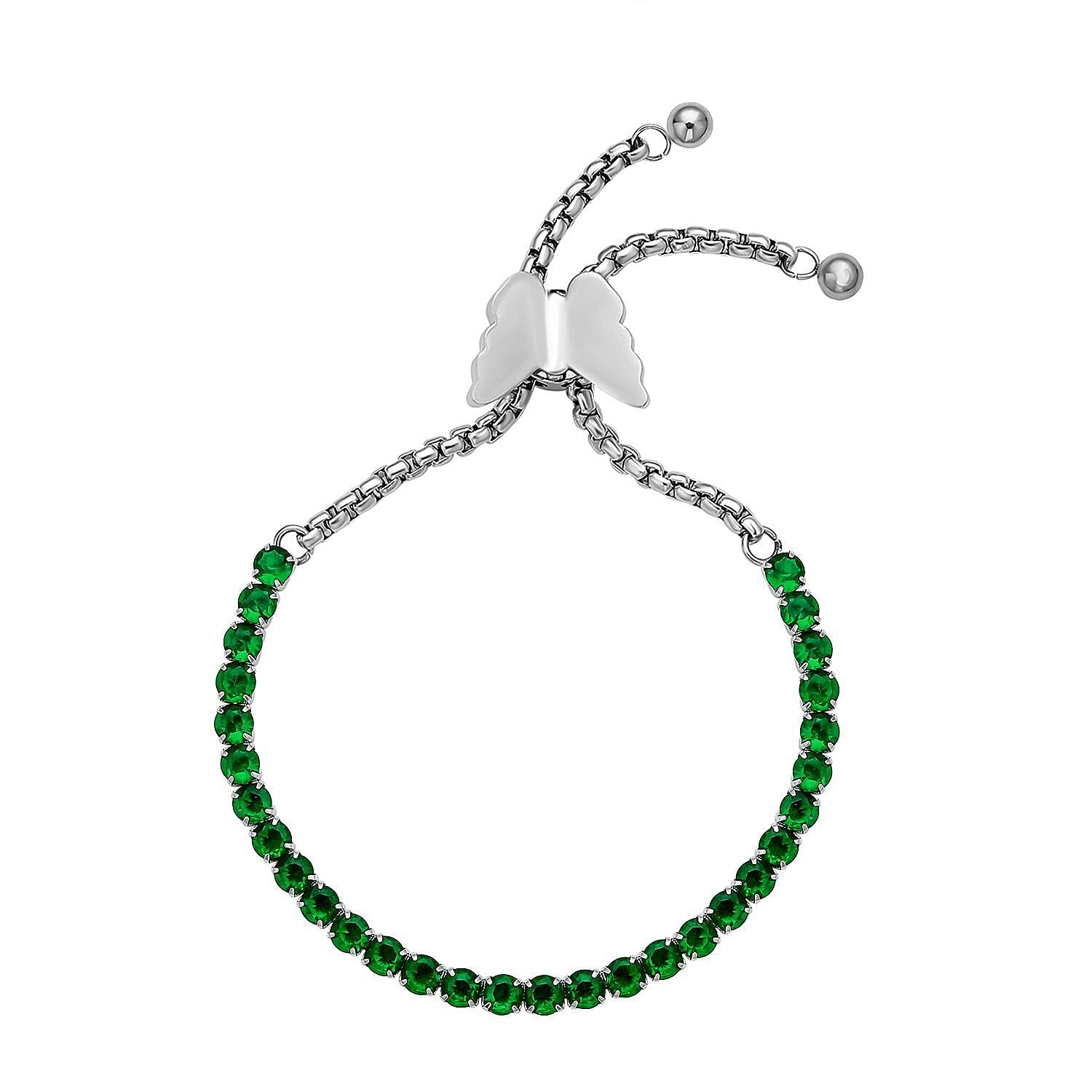 Simulated Green Diamond Bolo Style Bracelet with Butterfly Lock in Stainless Steel (5-9Inches)
