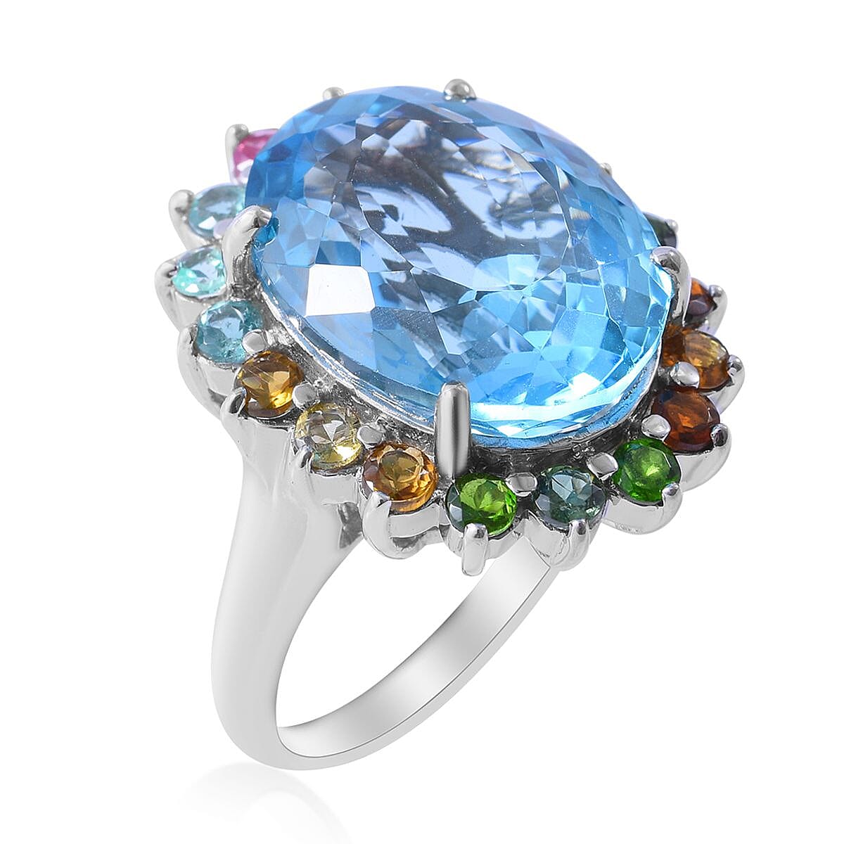 Valentines Doorbuster Swiss Blue Topaz and Multi-Tourmaline Sunburst Ring in Platinum Over Sterling Silver 9 Grams 26.75 ctw