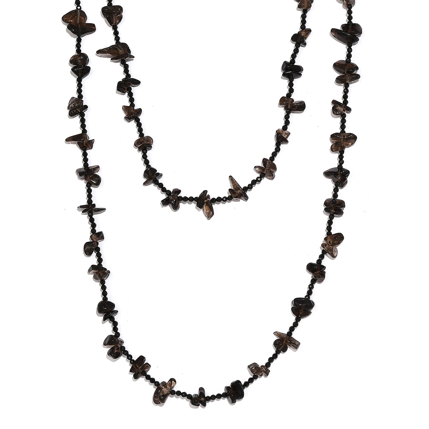 Thai Black Spinel and Brazilian Smoky Quartz 186.25 ctw Chips Necklace in Platinum Over Sterling Silver 36 Inches