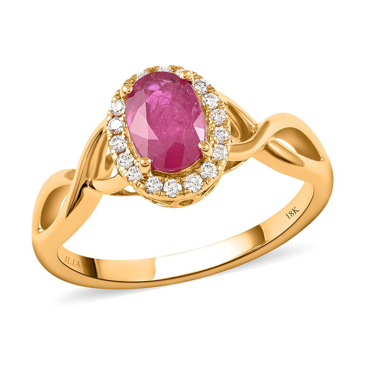 Certified and Appraised ILIANA 18K Yellow Gold AAA Mozambique Ruby and G-H SI Diamond Infinity Shank Ring 4 Grams 1.20 ctw