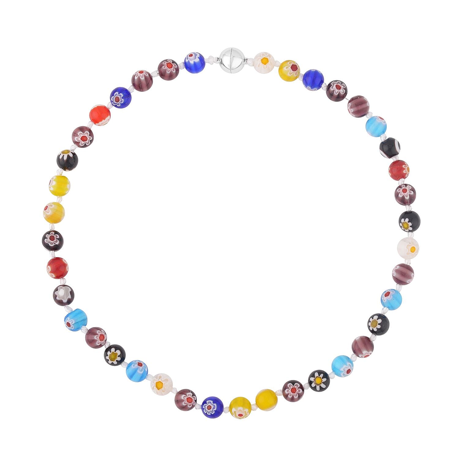 Multi Color Murano Style Beaded Necklace 20 Inches with Magnetic Lock in Silvertone