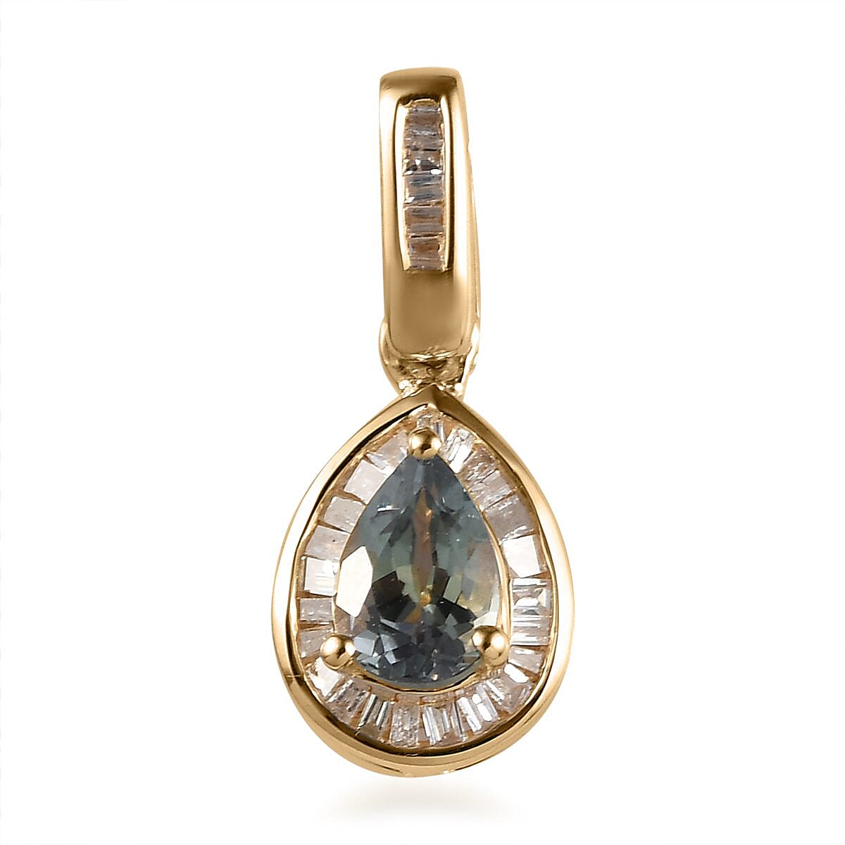 Luxoro 10K Yellow Gold Premium Green Tanzanite and G-H I3 Diamond Halo Pendant 0.65 ctw