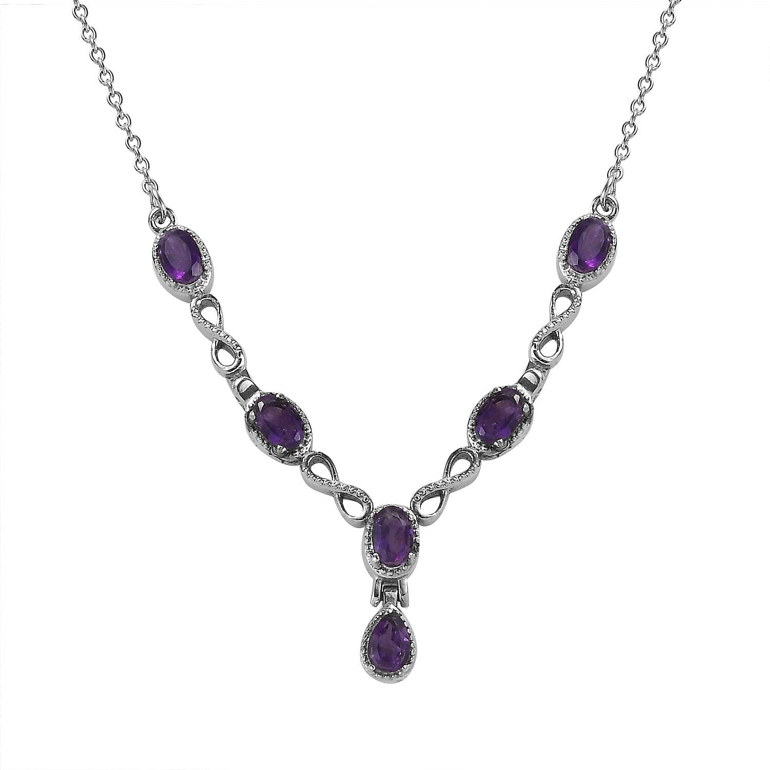 Amethyst Station Necklace 18 Inches in Stainless Steel 2.65 ctw