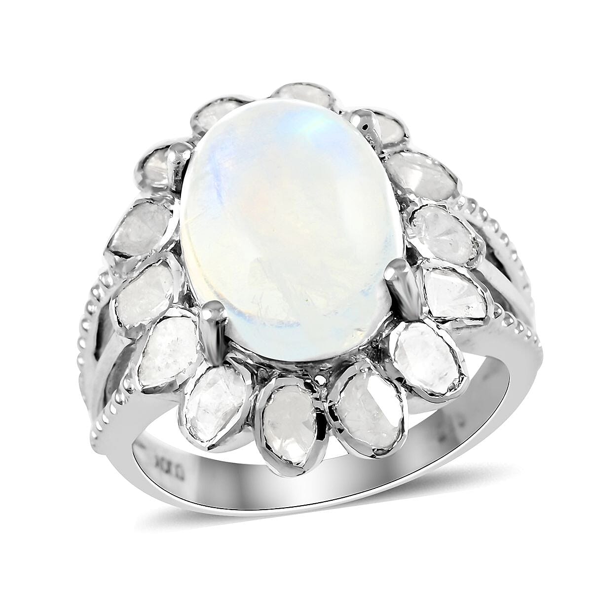 Doorbuster White Moonstone and Polki Diamond Flower Ring in Sterling Silver 7.10 Grams 8.30 ctw