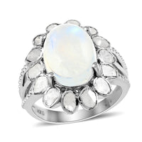 Doorbuster White Moonstone and Polki Diamond Flower Ring in Sterling Silver 7.10 Grams 8.30 ctw