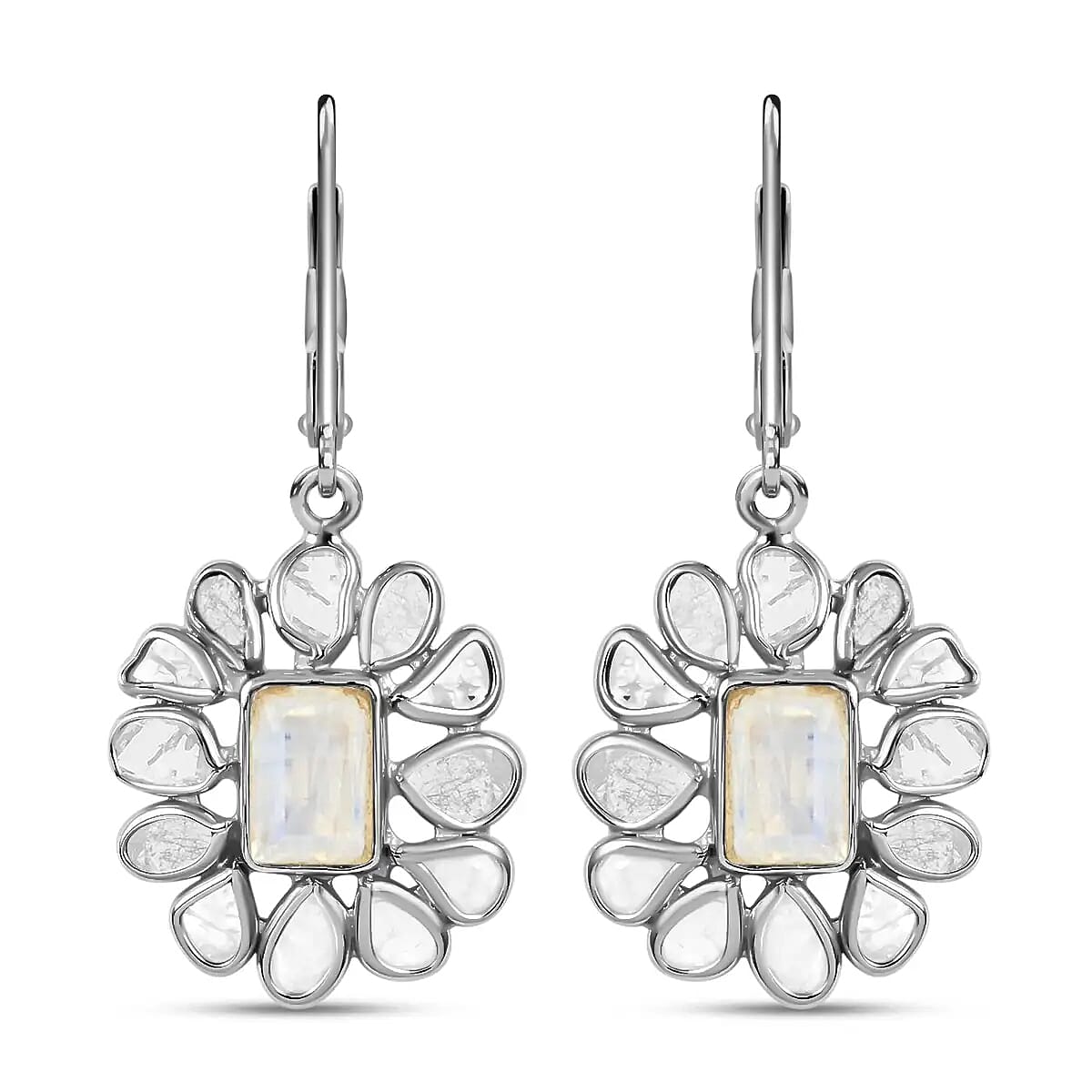 Doorbuster White Moonstone and Polki Diamond Flower Earrings in Sterling Silver 2.00 ctw