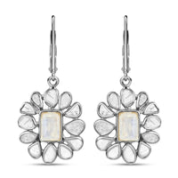 Doorbuster White Moonstone and Polki Diamond Flower Earrings in Sterling Silver 2.00 ctw
