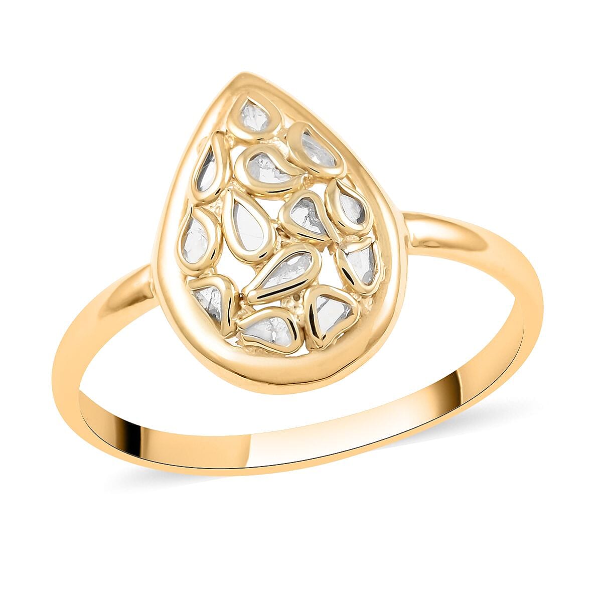 Doorbuster Polki Diamond Pear Shape Ring in 14K YG Over Sterling Silver (Size 10.0) 0.25 ctw