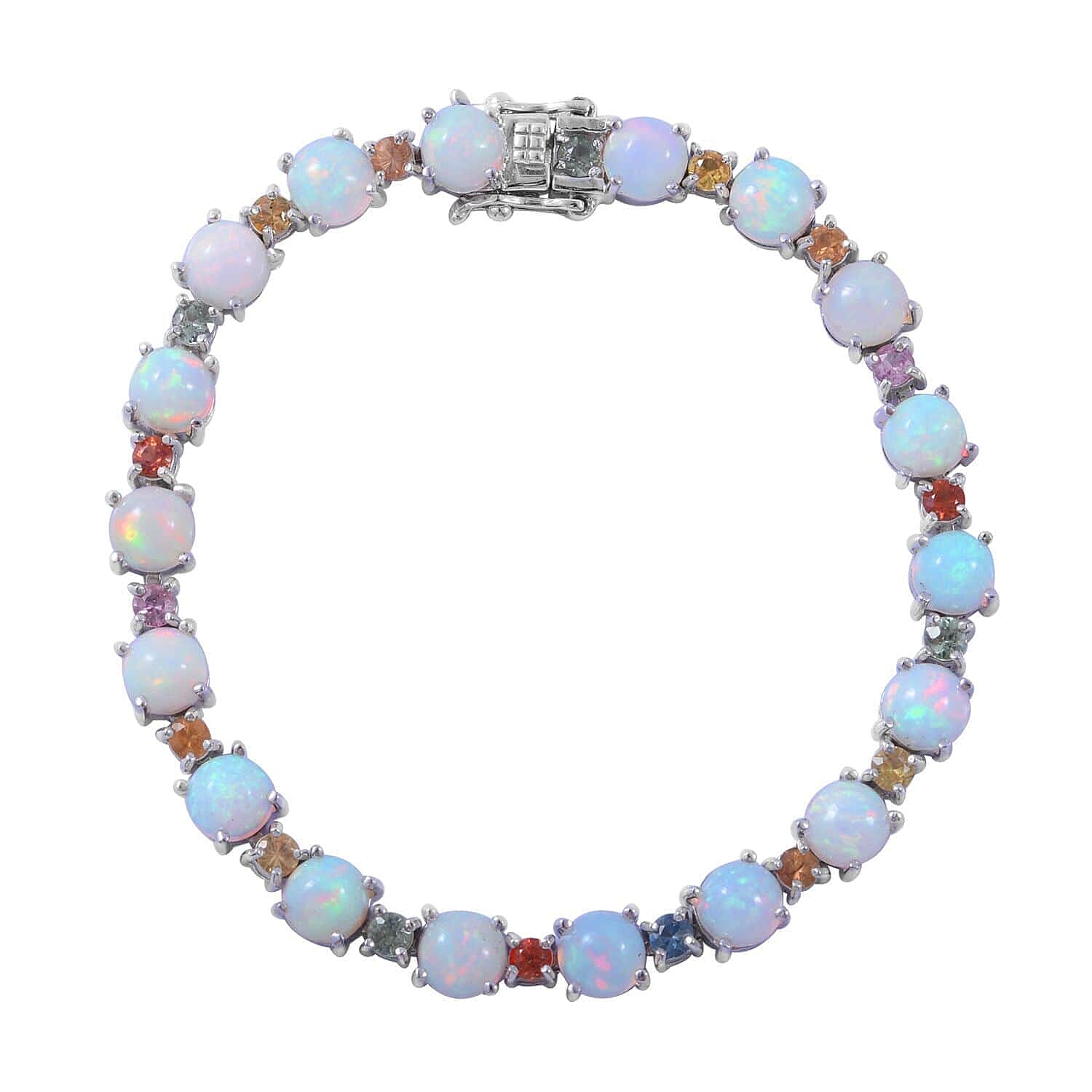 Premium Ethiopian Welo Opal and Multi Sapphire Bracelet in Platinum Over Sterling Silver (6.50 In) 10.40 Grams 11.90 ctw