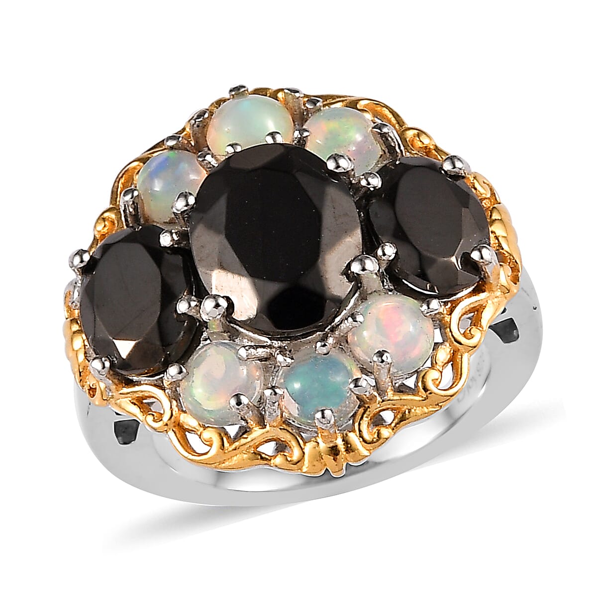 Elite Shungite and Premium Ethiopian Opal Floral Cocktail Ring in Platinum Over Sterling Silver 4.10 ctw