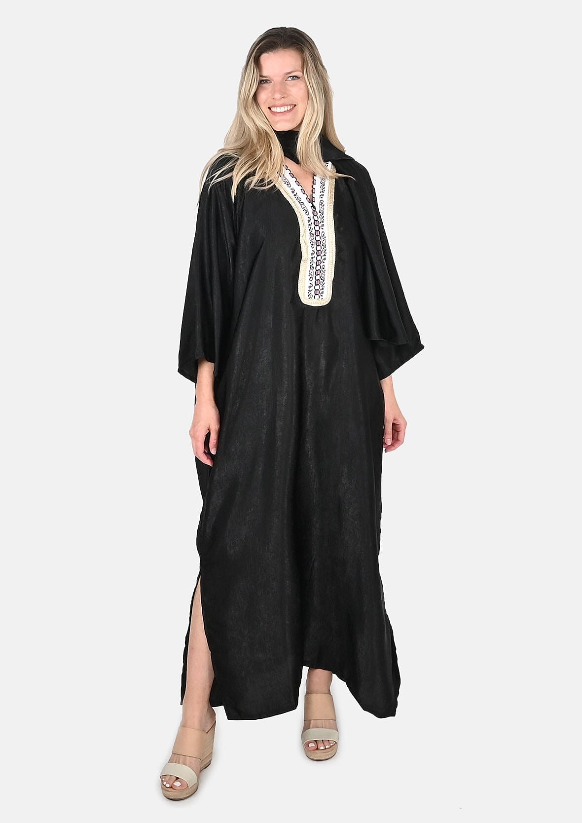 TAMSY Black Brushed Sateen Dress with Trim + Scarf - One Size Fits Most (25.98"x53.14") Scarf (64.96"x16.14")