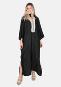 TAMSY Black Brushed Sateen Dress with Trim + Scarf - One Size Fits Most (25.98"x53.14") Scarf (64.96"x16.14") - Sticky add to cart bar
