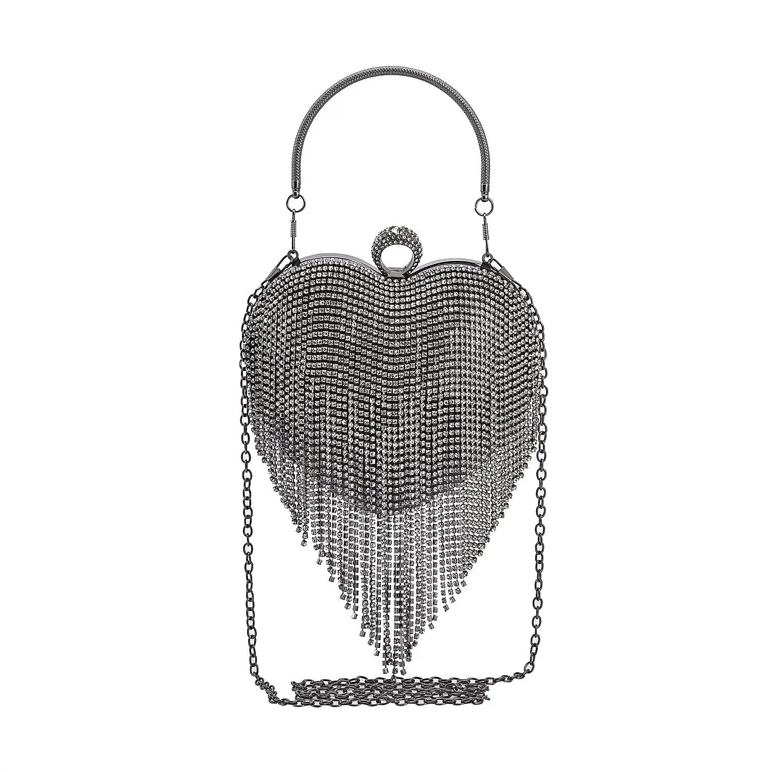 Black Sheeny Heart Shape Tassel Clutch Bag (5.9"x6.3") with Handle and Removable Chain Strap