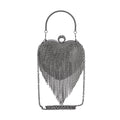 Black Sheeny Heart Shape Tassel Clutch Bag (5.9"x6.3") with Handle and Removable Chain Strap - Sticky add to cart bar