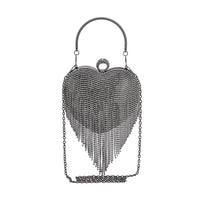 Black Sheeny Heart Shape Tassel Clutch Bag (5.9"x6.3") with Handle and Removable Chain Strap