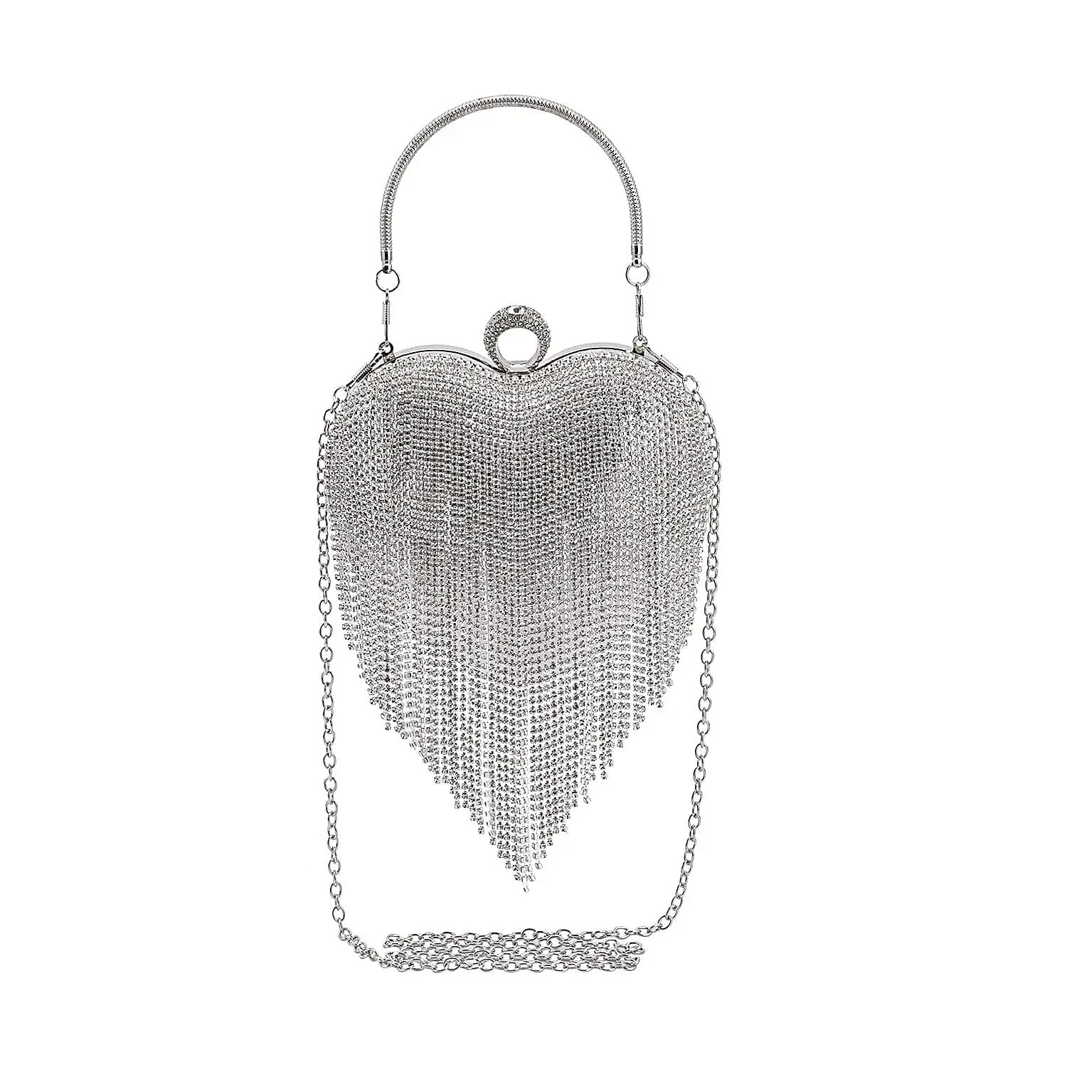 Black Sheeny Heart Shape Tassel Clutch Bag (5.9"x6.3") with Handle and Removable Chain Strap