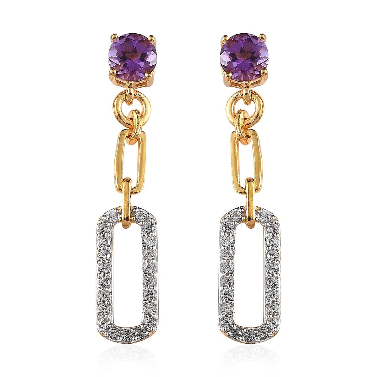 Amethyst and White Zircon Dangling Earrings in Vermeil Yellow Gold Over Sterling Silver 1.40 ctw