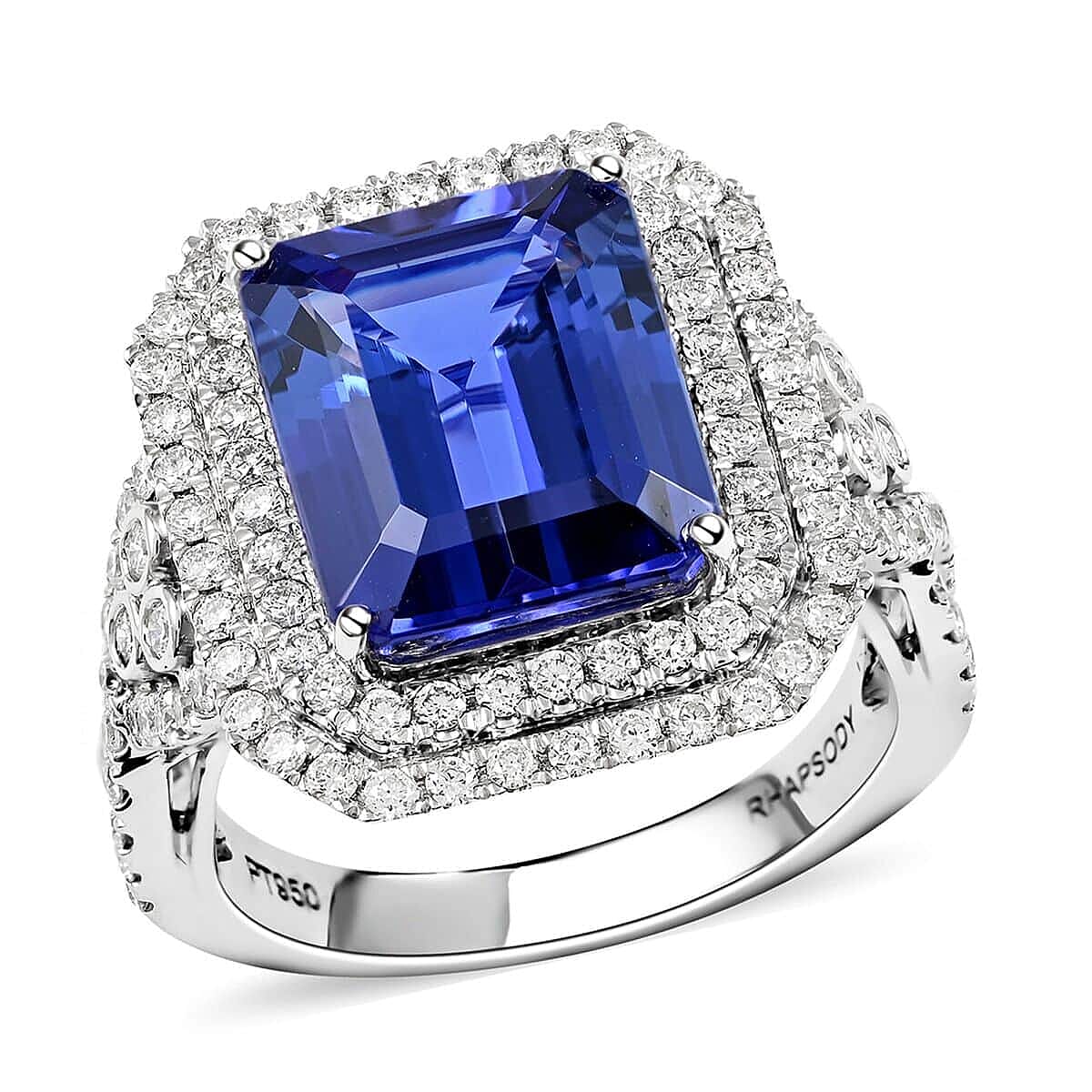 Doorbuster Red Carpet Collection Certified & Appraised RHAPSODY 950 Platinum AAAA Tanzanite and E-F VS Diamond Double Halo Ring (Size 7.0) 11.40 Grams 8.10 ctw