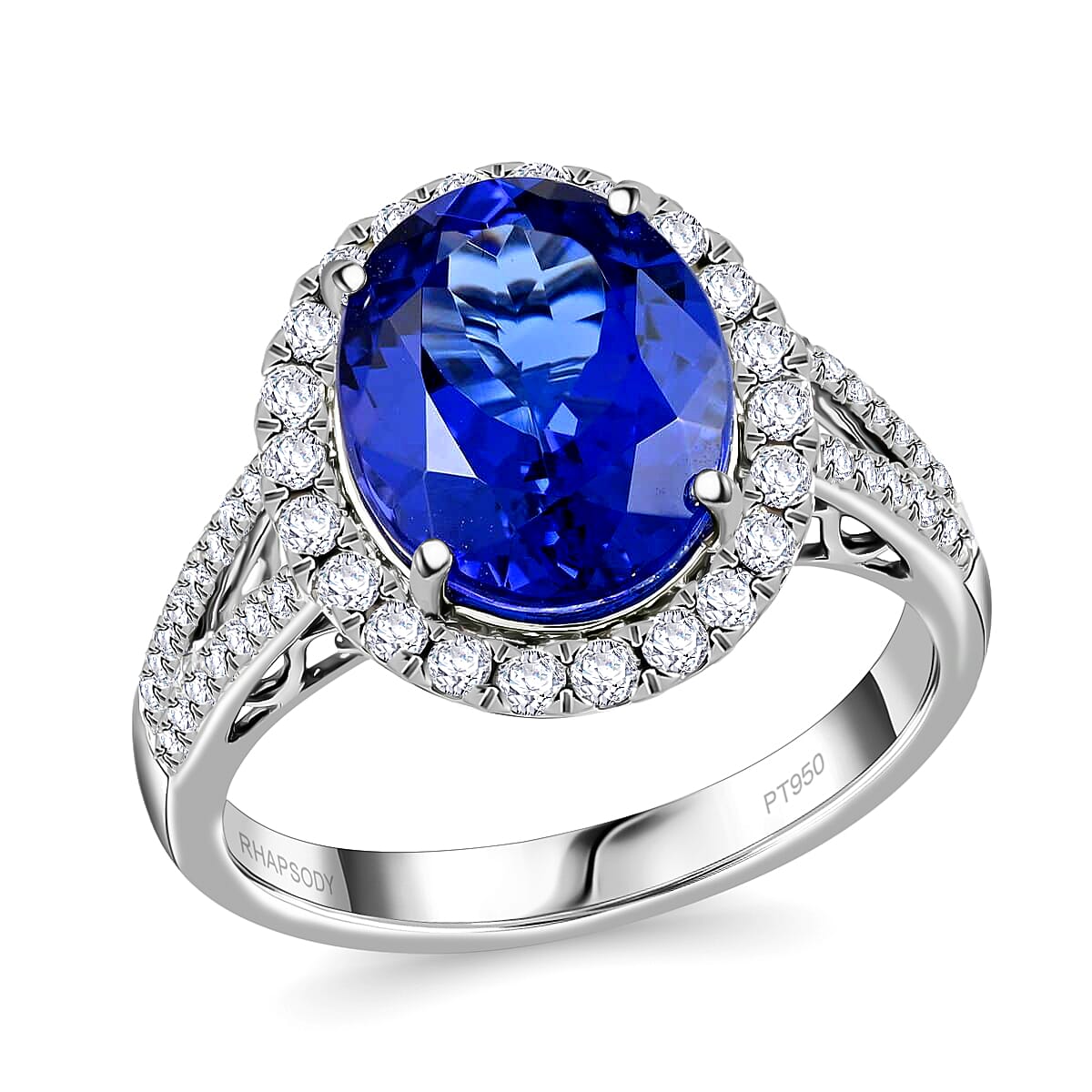 Doorbuster Certified & Appraised RHAPSODY 950 Platinum AAAA Tanzanite and E-F VS Diamond Halo Ring 6.65 Grams 5.30 ctw