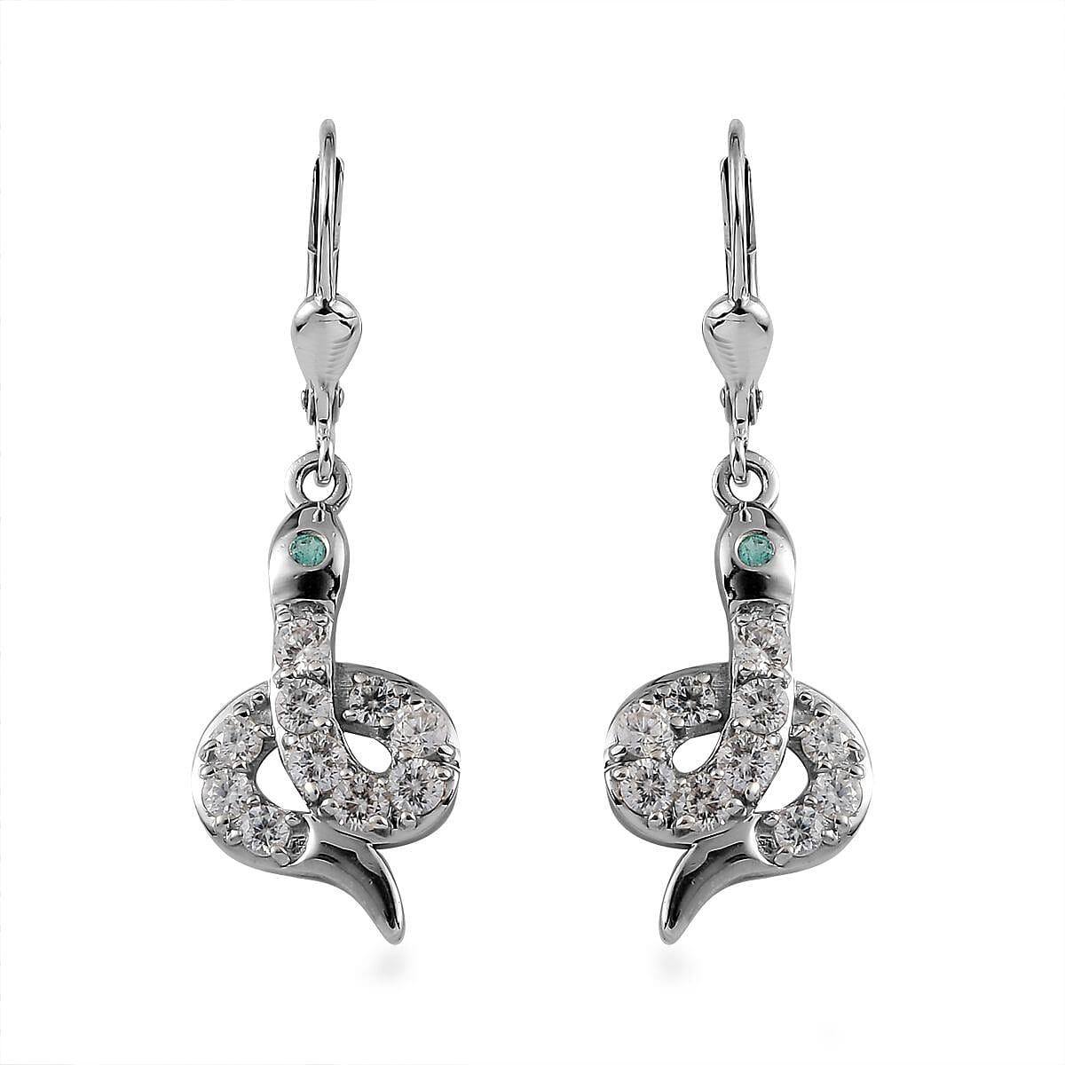 Brazilian Emerald and White Zircon Snake Earrings in Platinum Over Sterling Silver 1.70 ctw