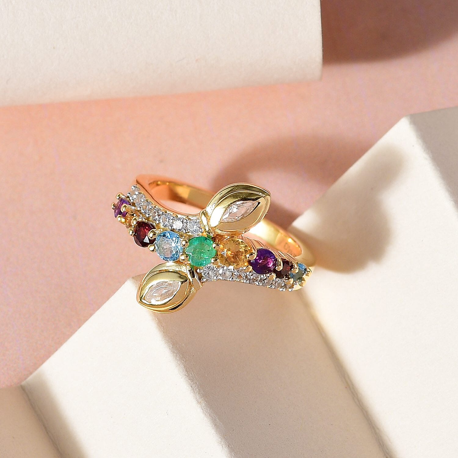 Multi Gemstone Eternal Love Bypass Snake Ring in Vermeil Yellow Gold Over Sterling Silver 0.90 ctw