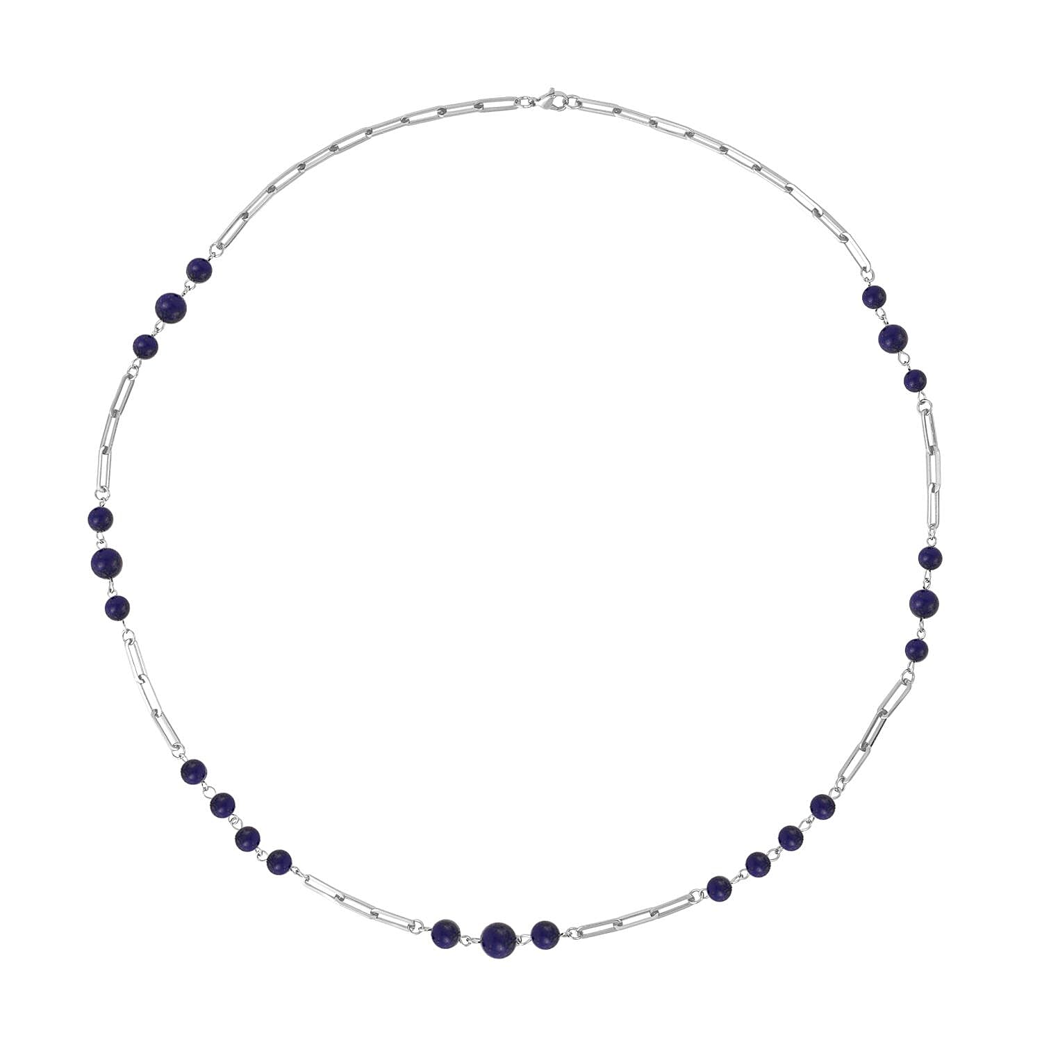 Lapis Lazuli Beaded Station and Paper Clip Chain Necklace (30 Inches) in Stainless Steel 50.00 ctw