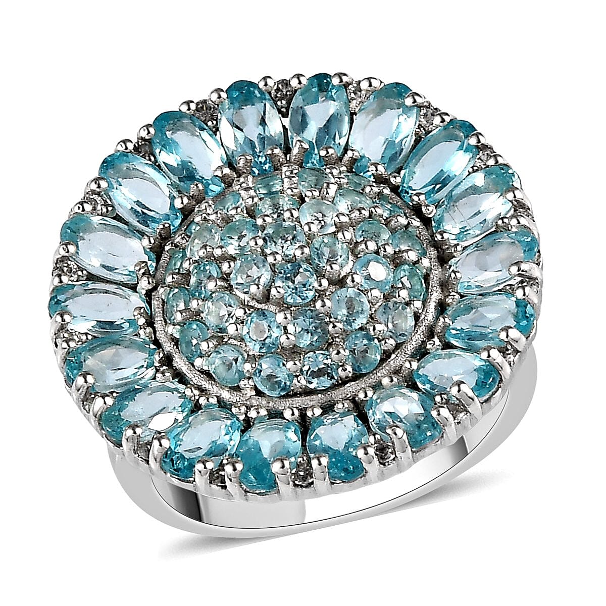 Betroka Blue Apatite, Natural White Zircon Ring in Platinum Over Sterling Silver (Size 10.0) 6.10 ctw