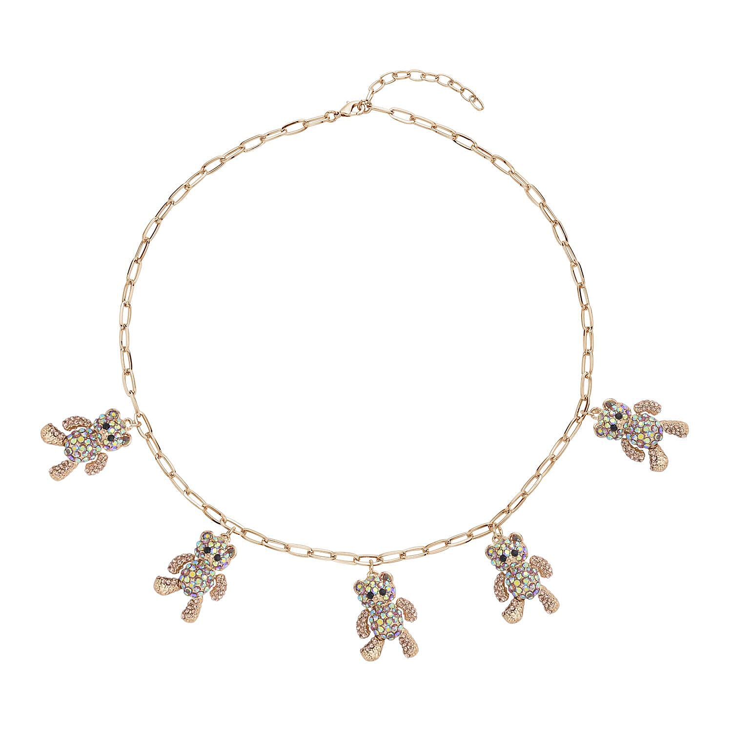 Multi Color Austrian Crystal Teddy Bear Charms Necklace 20-22 Inches in Goldtone