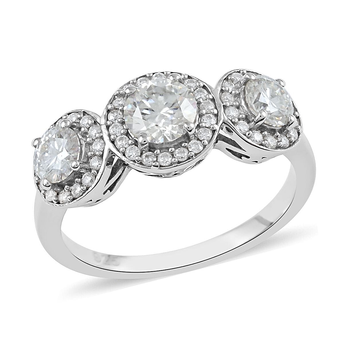 Brilliant Cut Moissanite (Rnd 5mm) Trilogy Halo Ring in Platinum Over Sterling Silver (Size 7.0) (Delivery in 10-12 Business Days) 1.35 ctw