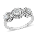 Brilliant Cut Moissanite (Rnd 5mm) Trilogy Halo Ring in Platinum Over Sterling Silver (Size 7.0) (Delivery in 10-12 Business Days) 1.35 ctw - Sticky add to cart bar