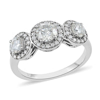 Brilliant Cut Moissanite (Rnd 5mm) Trilogy Halo Ring in Platinum Over Sterling Silver (Size 7.0) (Delivery in 10-12 Business Days) 1.35 ctw