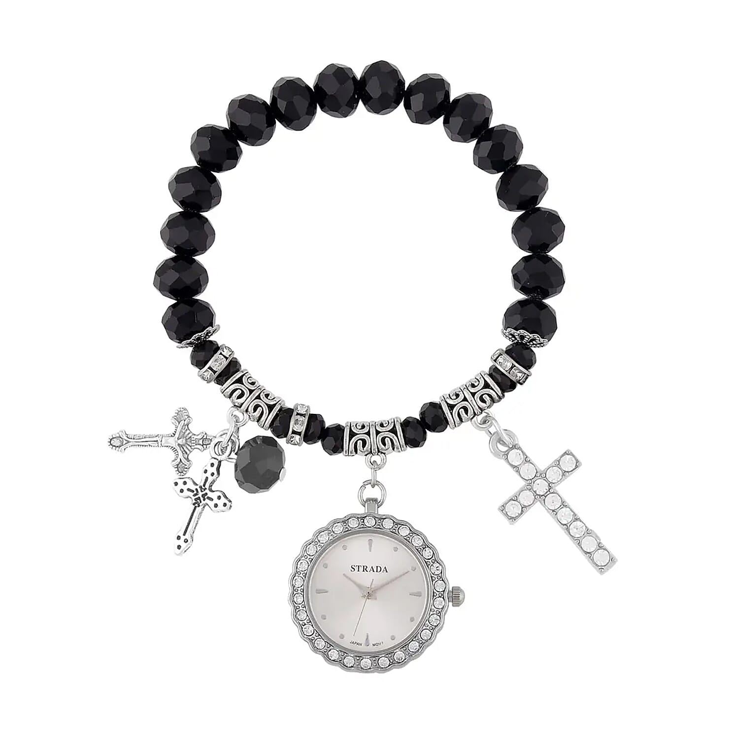 Strada Japanese Movement white Austrian Crystal and Gray Glass Beaded Stretch Bracelet Watch in Silvertone with Cross Charm (6.50-7 In) (27.95 mm)