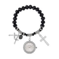 Strada Japanese Movement white Austrian Crystal and Gray Glass Beaded Stretch Bracelet Watch in Silvertone with Cross Charm (6.50-7 In) (27.95 mm) - Sticky add to cart bar