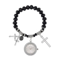 Strada Japanese Movement white Austrian Crystal and Gray Glass Beaded Stretch Bracelet Watch in Silvertone with Cross Charm (6.50-7 In) (27.95 mm)