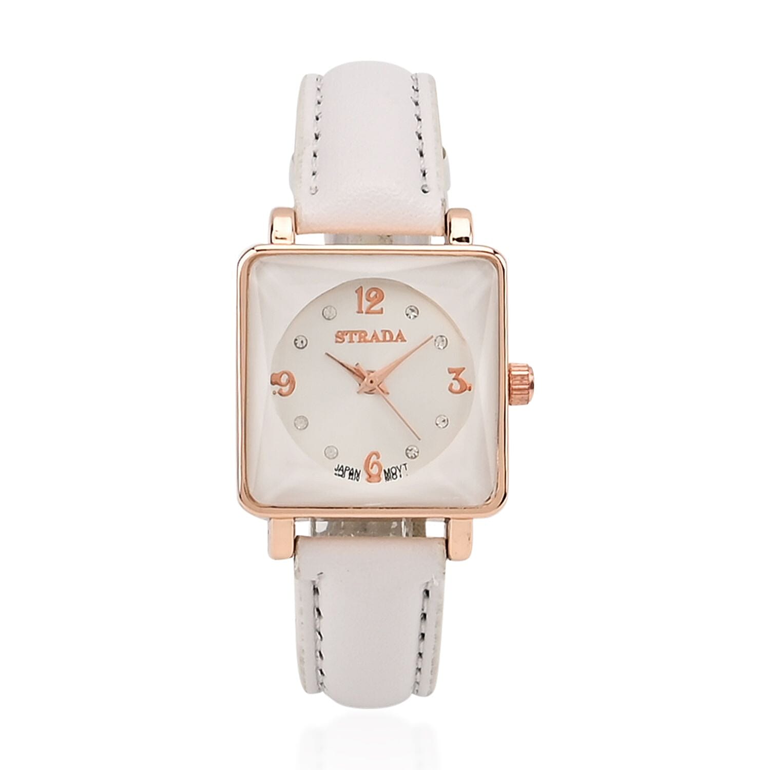 Strada White Austrian Crystal Japanese Movement Watch in Rosetone with Blue Faux Leather Strap (25.40 mm) (6.75-9.00 Inches)