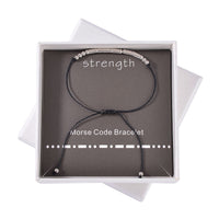 Rhodium Over Sterling Silver Bolo Strength Morse Code Bracelet in Black Cord (Adjustable)