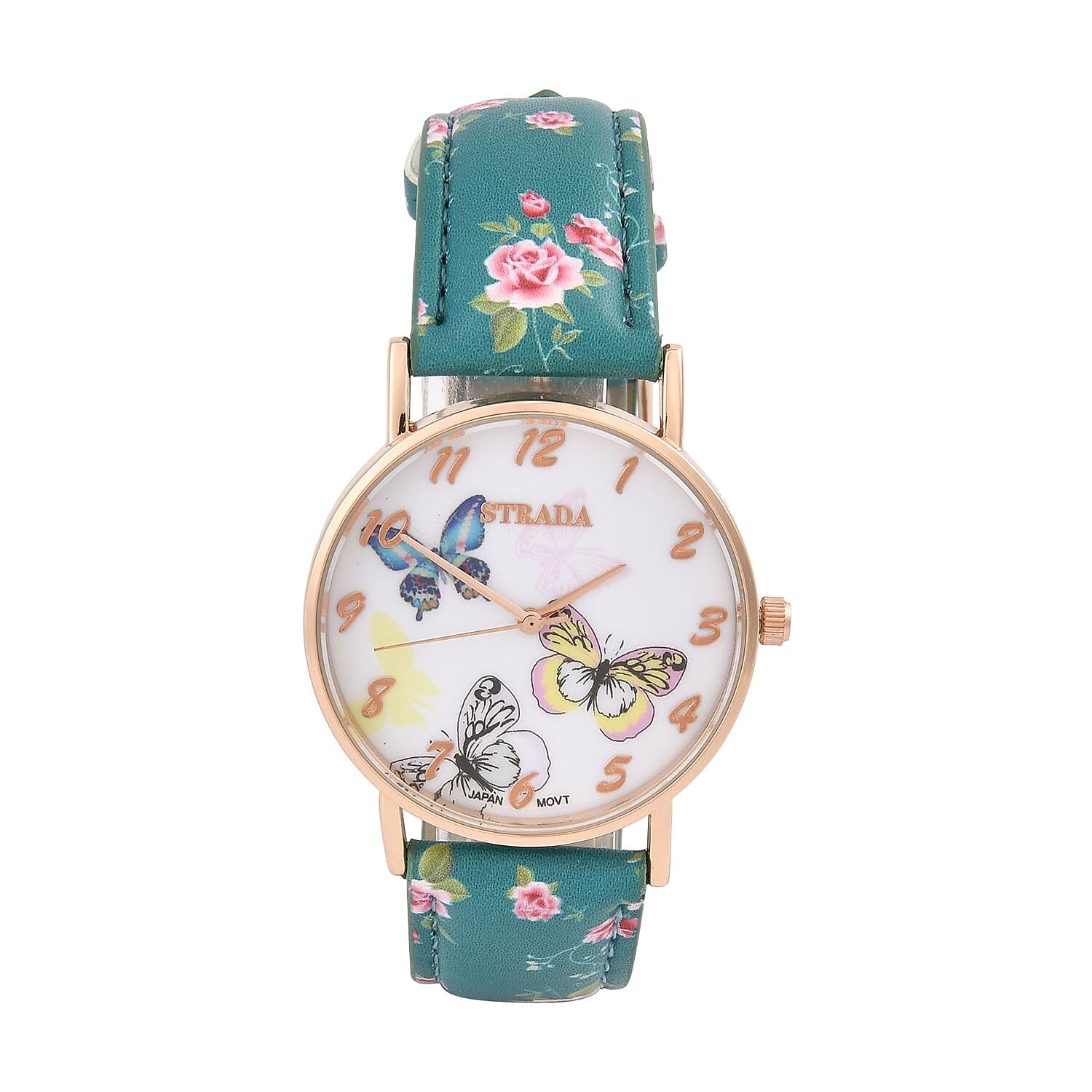 Strada Japanese Movement Butterfly Pattern Watch in Rosetone with Gray Faux Leather Floral Print Strap (7.25-8.75 In) (37.10mm)