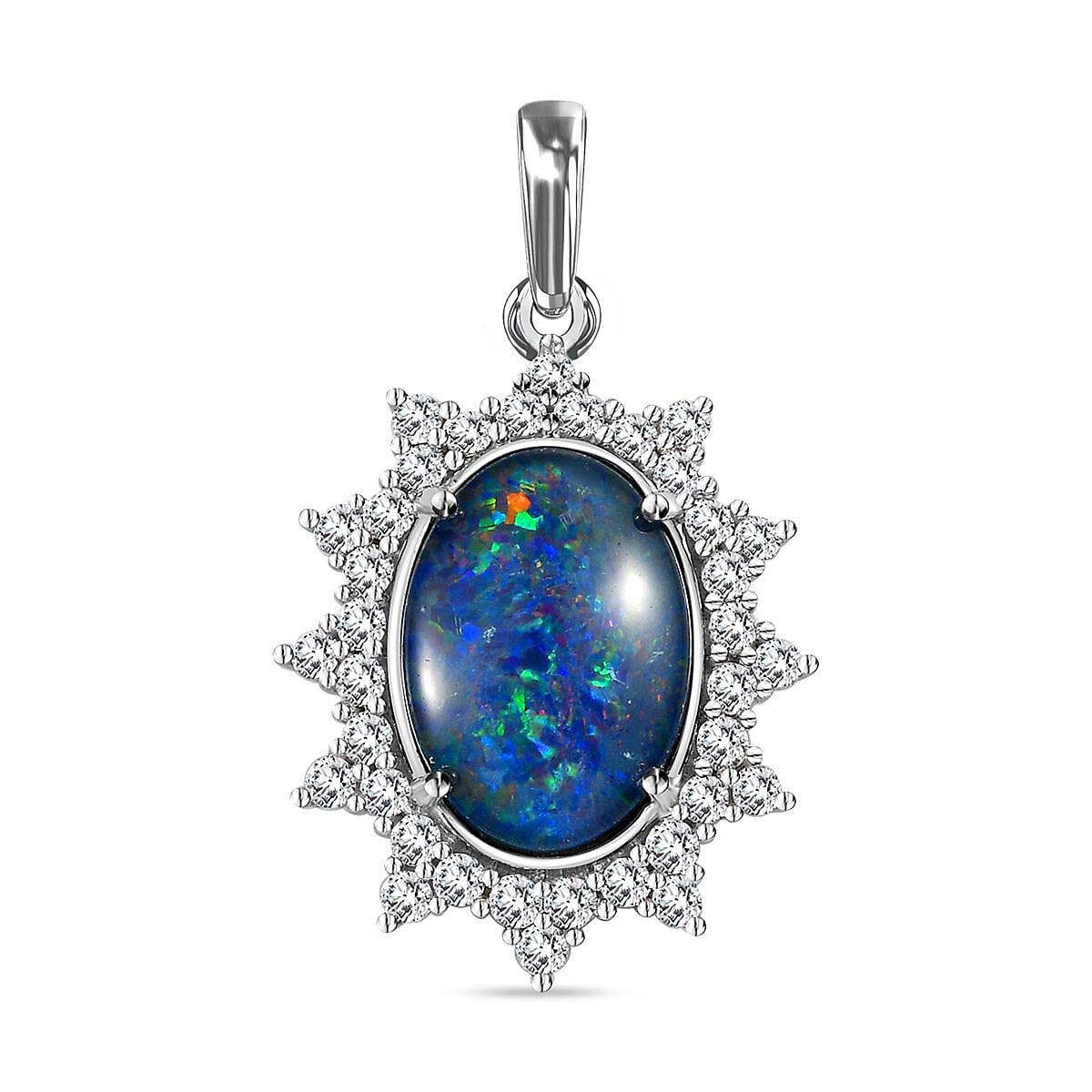 Luxoro 10K White Gold Premium Boulder Opal Triplet and Moissanite Halo Pendant 4.15 ctw