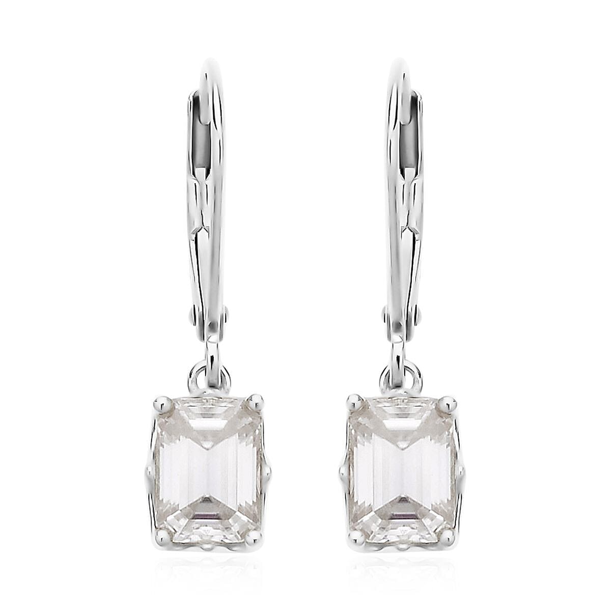 Emerald Cut Moissanite Lever Back Earrings in Platinum Over Sterling Silver 2.10 ctw