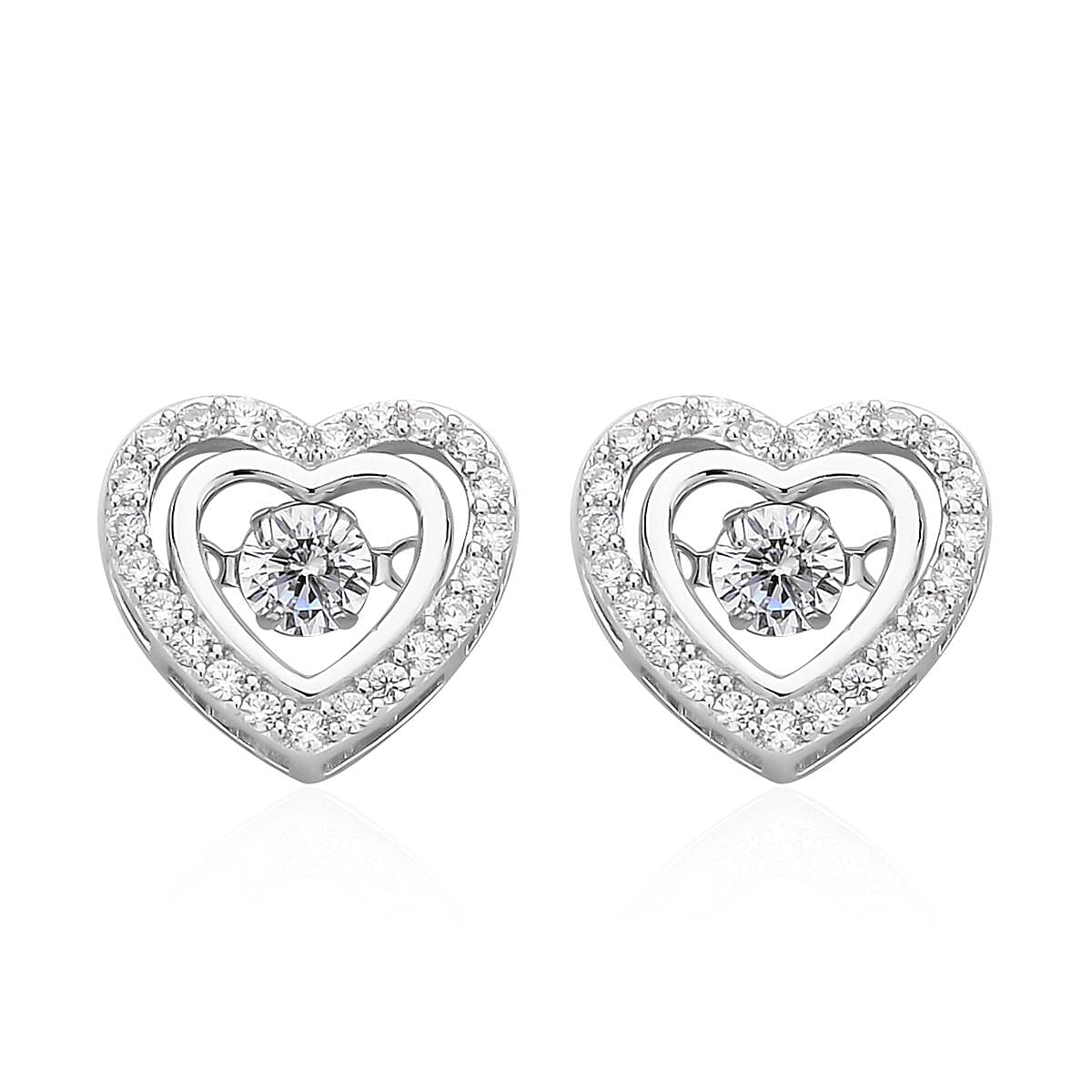 Simulated Diamond Dancing Stone Heart Earrings in Rhodium Over Sterling Silver 1.50 ctw