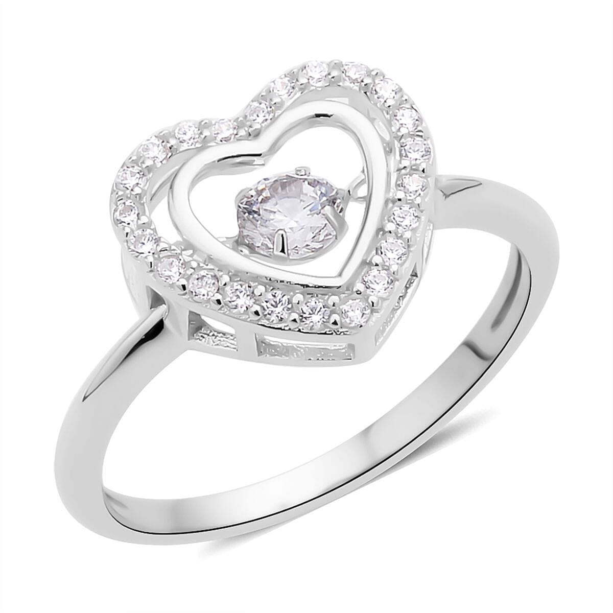 Simulated Diamond Dancing Stone Heart Ring in Rhodium Over Sterling Silver 0.75 ctw