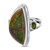 Ammolite and Chrome Diopside 14.44 ctw Solitaire Ring in Platinum Over Sterling Silver (Size 5.5) (5.41 g)