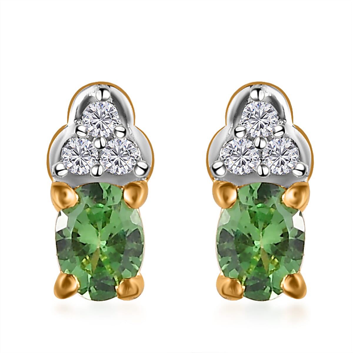 Premium Natural Tsavorite Garnet and Natural White Zircon Earrings in Vermeil Yellow Gold Over Sterling Silver 0.50 ctw