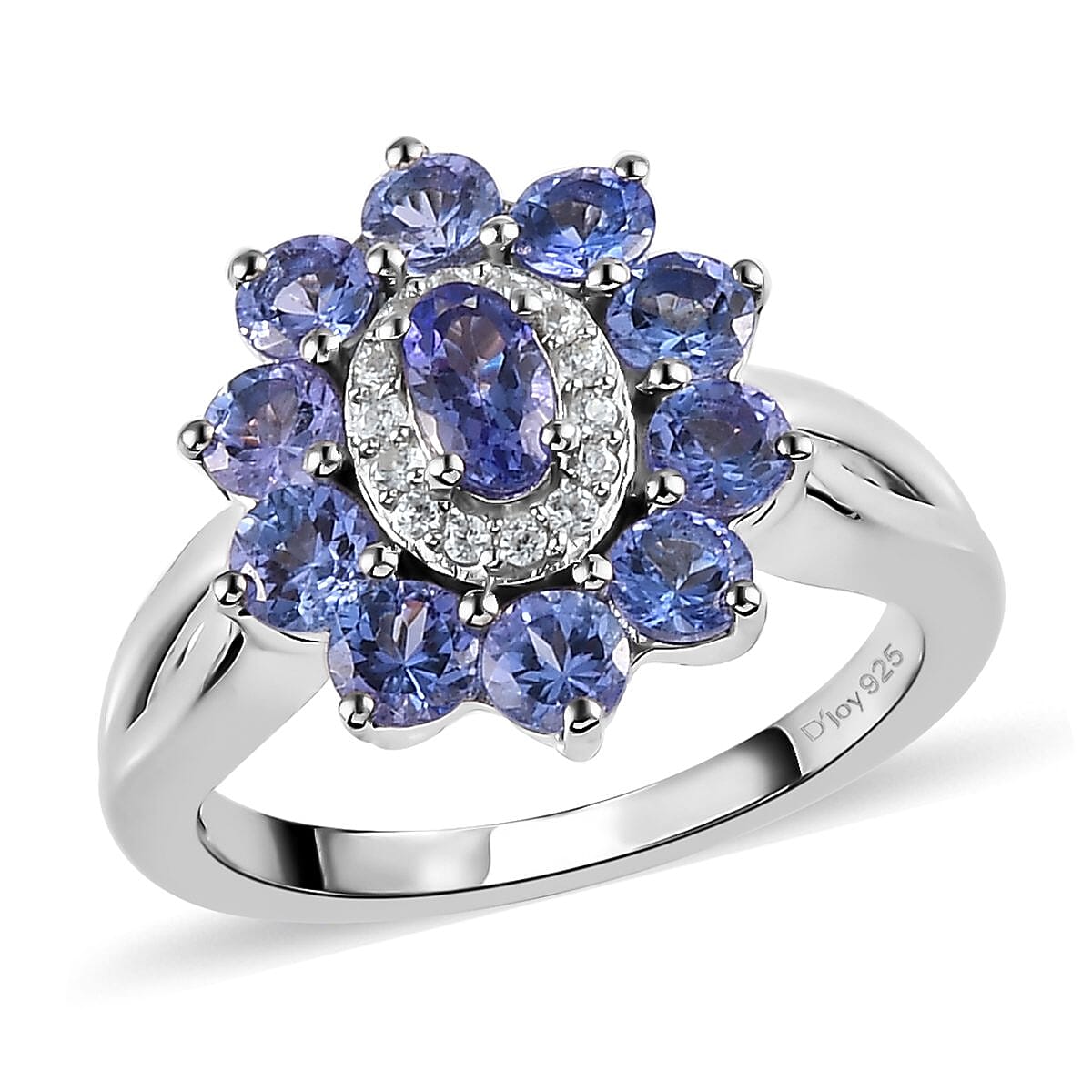 AAA Tanzanite and Natural White Zircon Floral Ring in Platinum Over Sterling Silver 1.50 ctw
