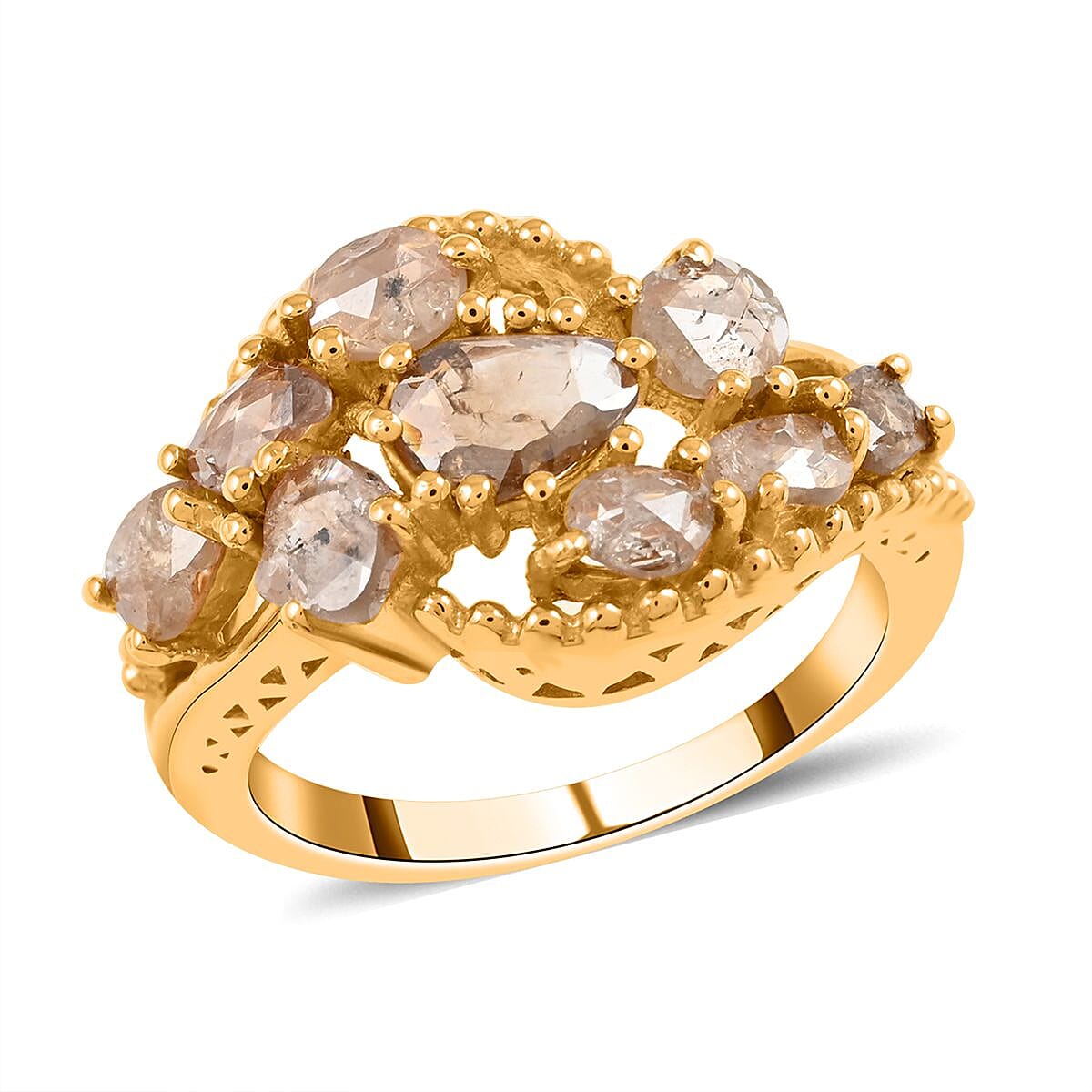 Rose Cut Natural Champagne Diamond Ring in Vermeil Yellow Gold Over Sterling Silver 1.50 ctw