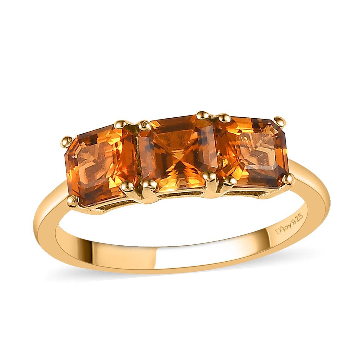 Asscher Cut Natural Tanzanian Golden Tourmaline 3 Stone Ring in Vermeil Yellow Gold Over Sterling Silver 1.65 ctw
