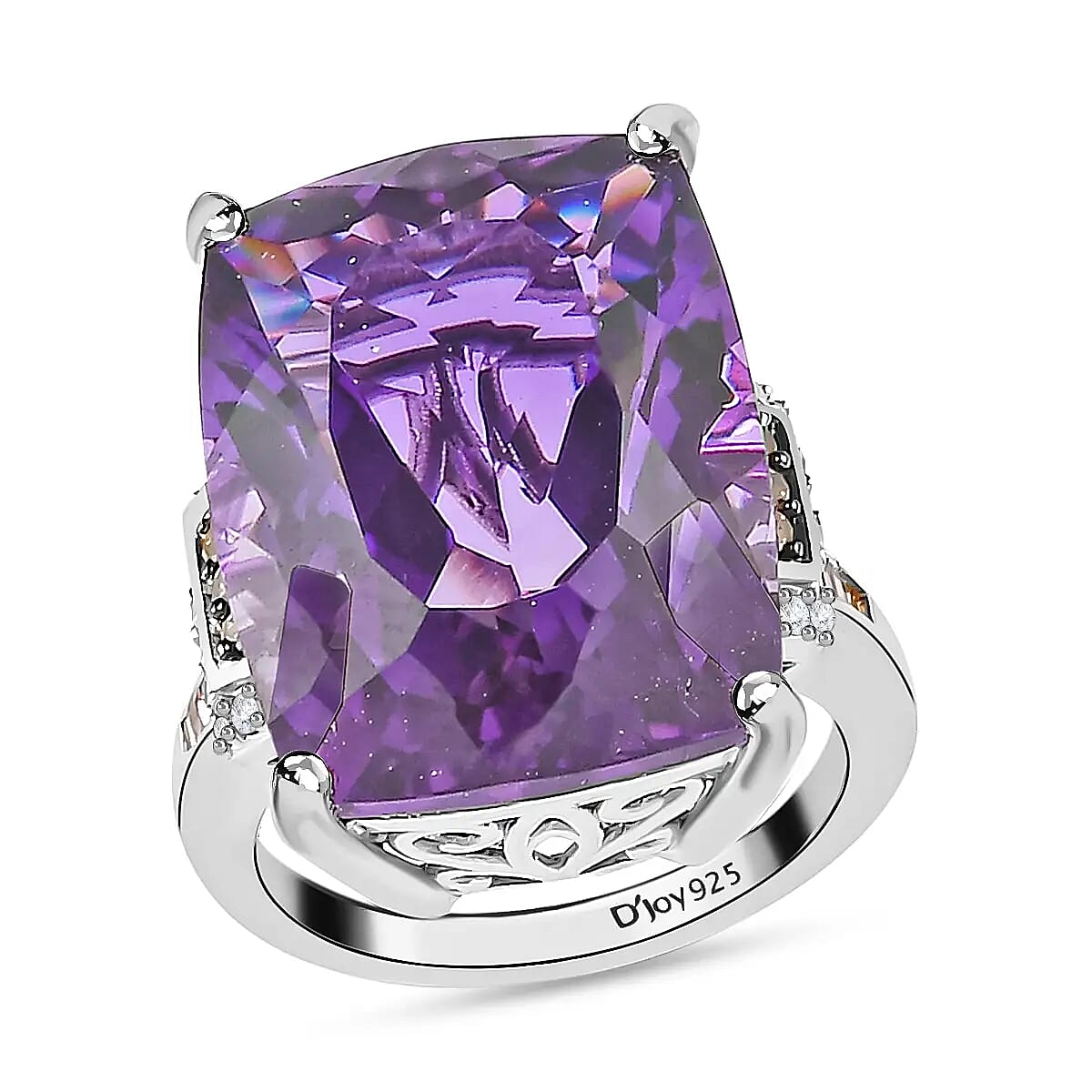 Amethyst, Natural Champagne and White Diamond Ring in Platinum Over Sterling Silver 21.90 ctw
