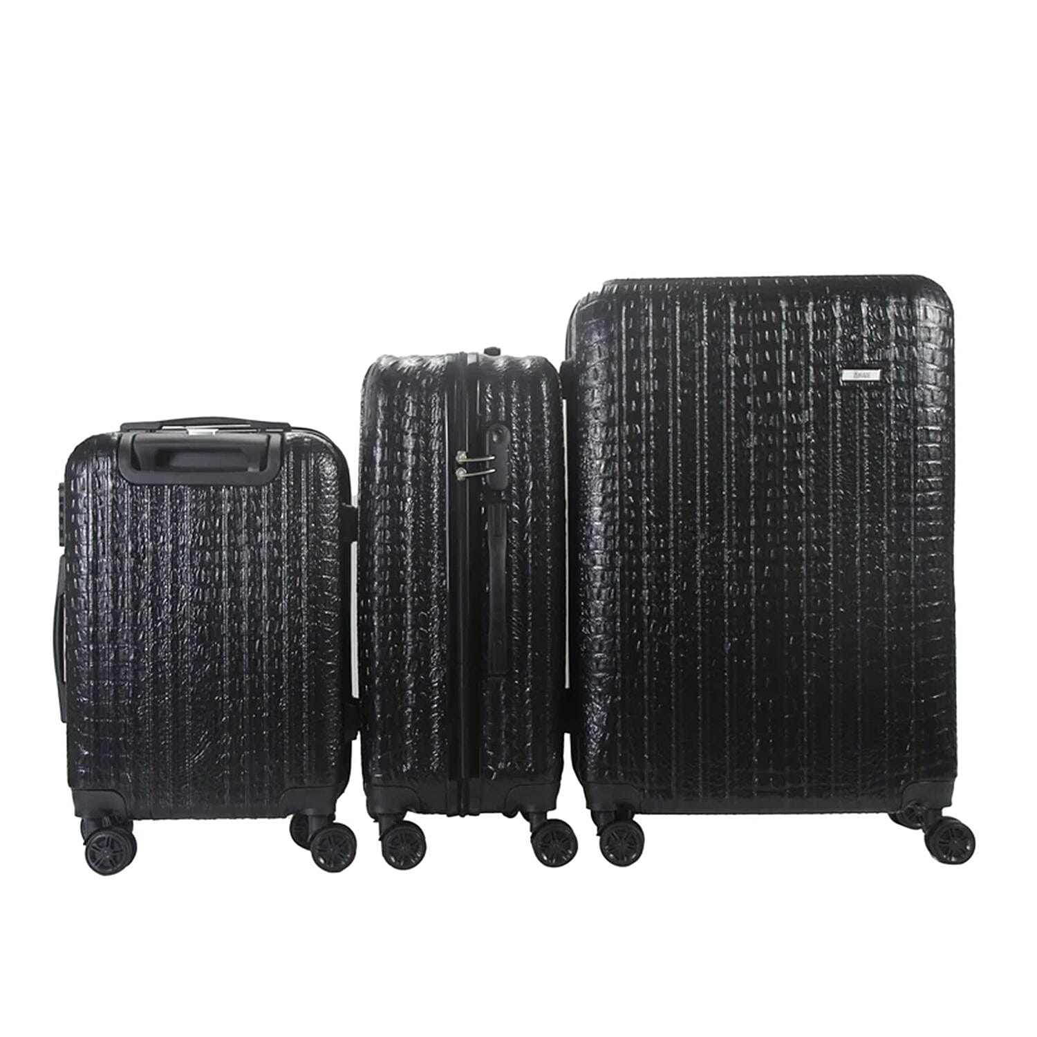 Mirage- Eileen 3 Piece Black Crocodile Embossed Luggage Set with Dual Spinning Wheels and Combo Lock (28", 24", 20")